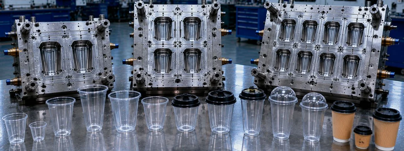 PP vs PS vs PET disposable plastic coffee cup moulds with clear cups and precision injection moulds in factory