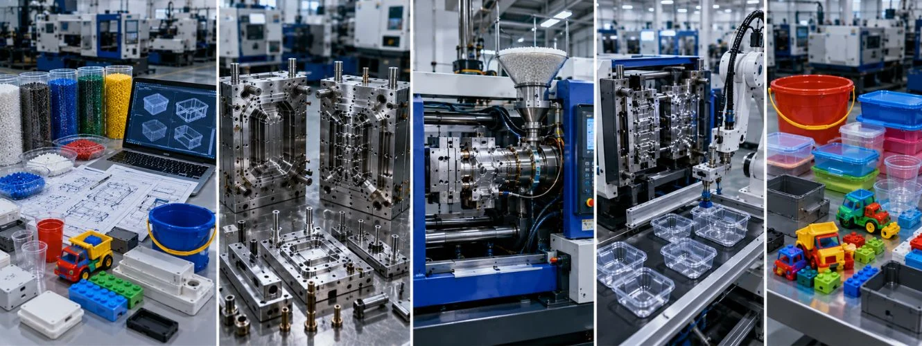 Step-by-step plastic injection moulding process showing mould design, injection moulding machine, mould operation, cooling, ejection, and finished plastic products in a modern manufacturing facility.