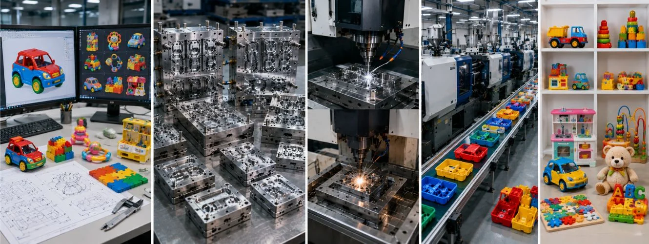Complete plastic toy manufacturing process in India showing toy design, toy mould manufacturing, CNC machining, injection moulding, and finished toy products.