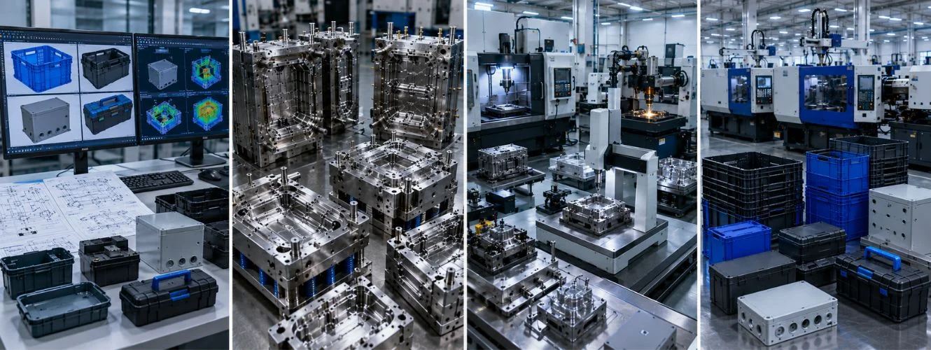 Industrial plastic mould manufacturing challenges and engineering solutions showing precision moulds, CNC machining, quality inspection, and finished industrial products.