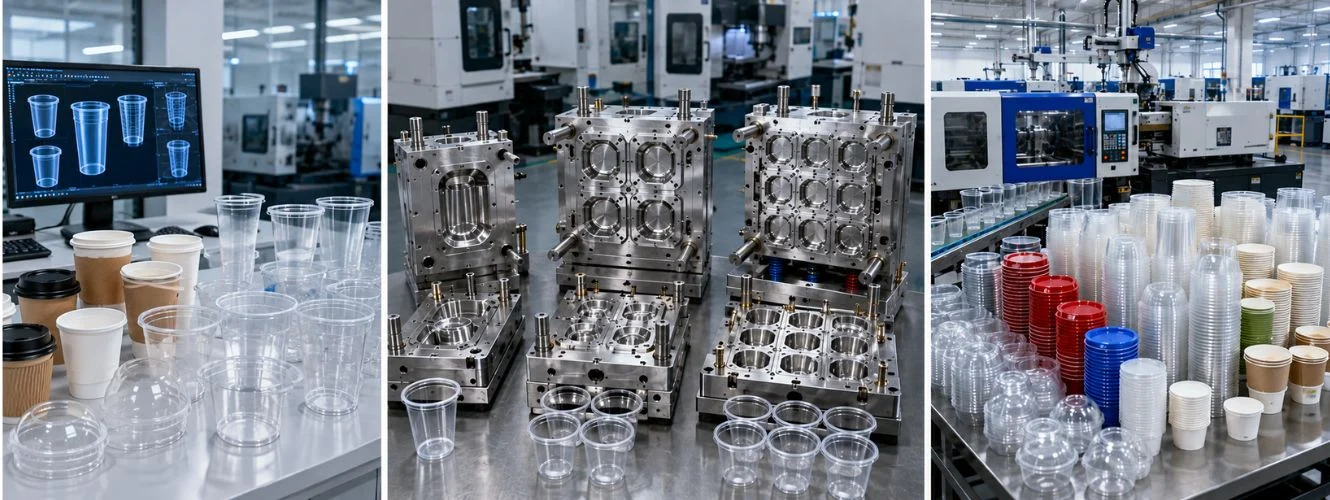 Plastic glass mould manufacturing process showing disposable cup design, mould engineering, and mass production in a modern factory.