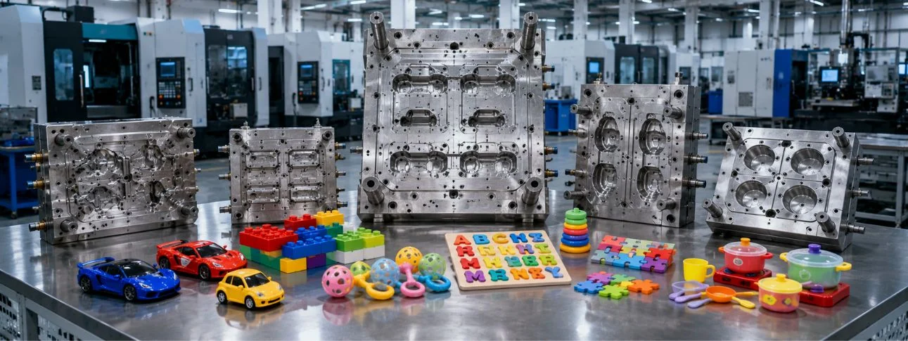 High-precision plastic toy moulds with colorful toy products in injection mould manufacturing factory