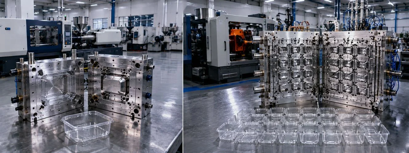 Single cavity mould and multi-cavity mould comparison inside a plastic injection mould manufacturing factory showing production output differences.